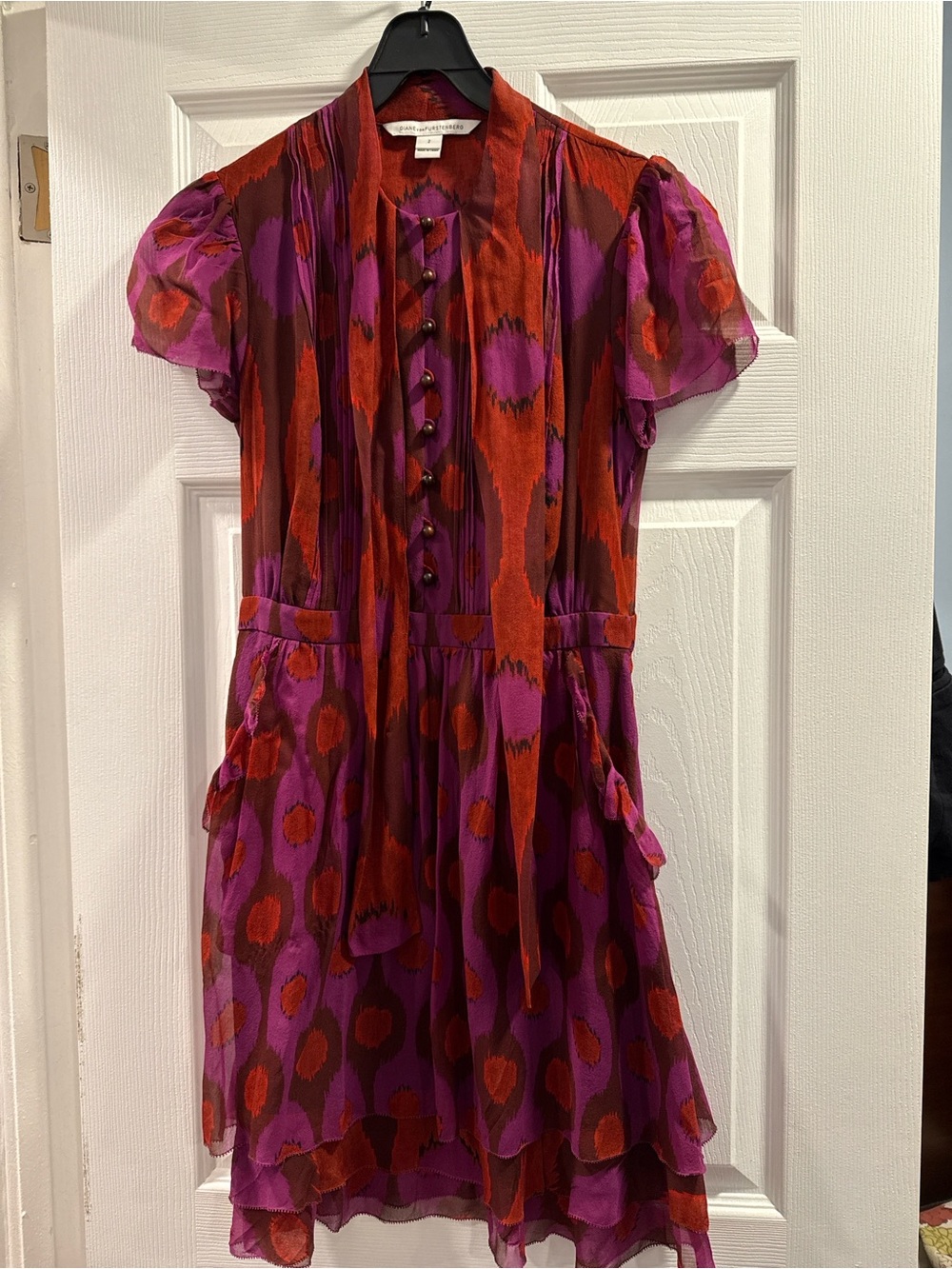 Diane Von Furstenberg Purple and Red Printed Tie-Neck Dress